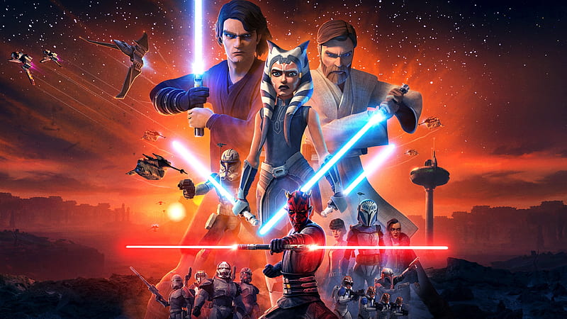 Star Wars, Star Wars: The Clone Wars, Ahsoka Tano, Anakin Skywalker, Darth Maul, Lightsaber, Obi-Wan Kenobi, HD wallpaper