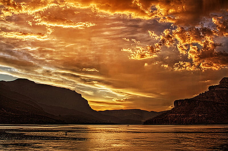 Heavenly gold, water, mountains, sunset, reflection, clouds, sky, golden sky,  HD wallpaper | Peakpx