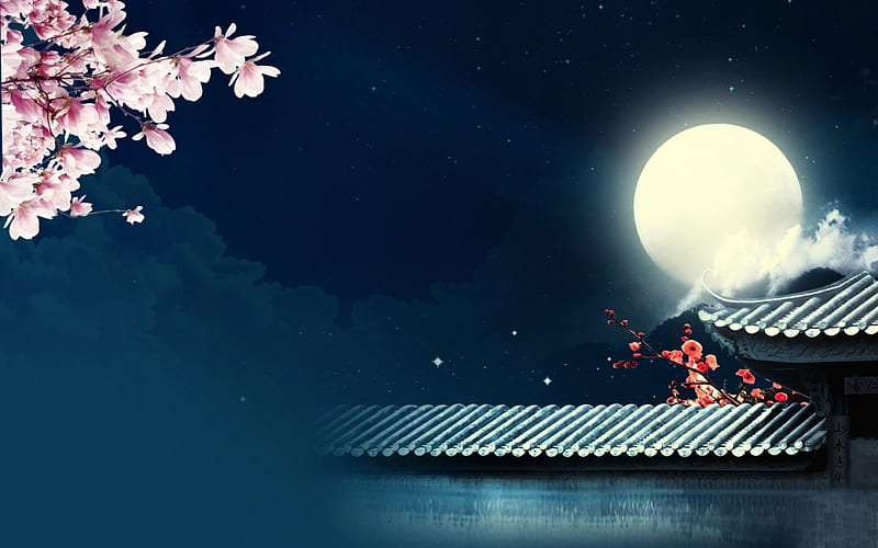✰M O O N L I G H T✰, pretty, house, Resources, bonito, Backgrounds, clouds, Nature, atmosphere, splendor, Premade, Bg stock435, bright, Japanese, flowers, magnificent, lovely, colors, marvelous, sky, Exterior, cool, Stock , moonlight, style, HD wallpaper