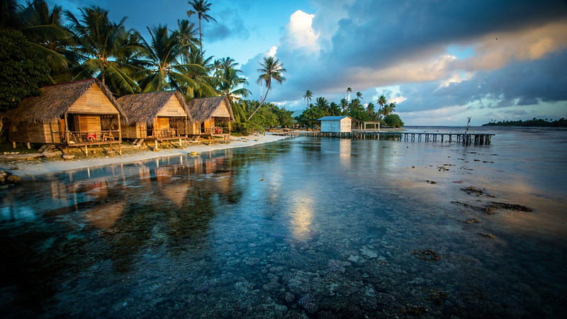 French Polynesia, the Reef, water, stones, pier, cabins, clouds, palms, HD wallpaper