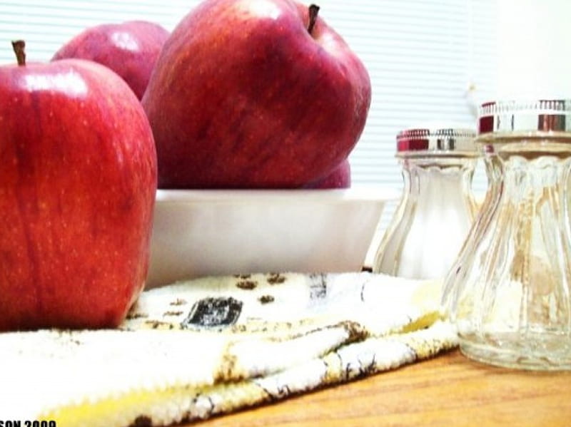Apples Salt Towel Bowl, apple, table, still life, towels, salt shakers, coasters, bowl, HD wallpaper