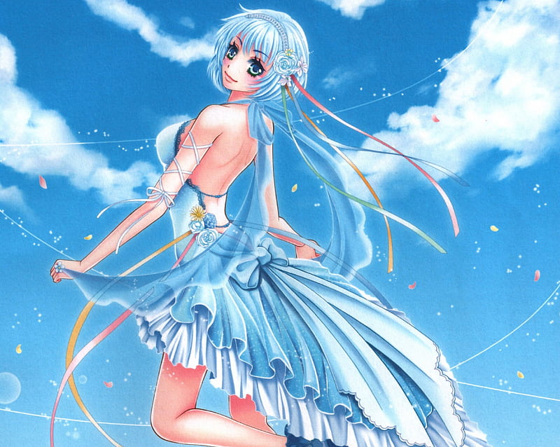 Light blue haired girl, normal height, water powers, cool water suit,  goddess, shy looking expression, nice girl, anime-like style