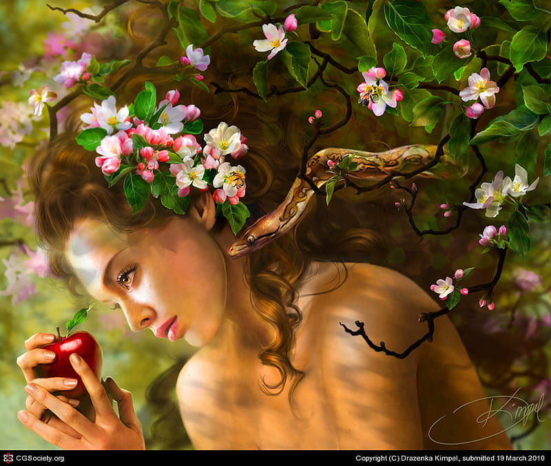 Temptation Of Eve, apple, eden, flower, woman, eve, HD wallpaper