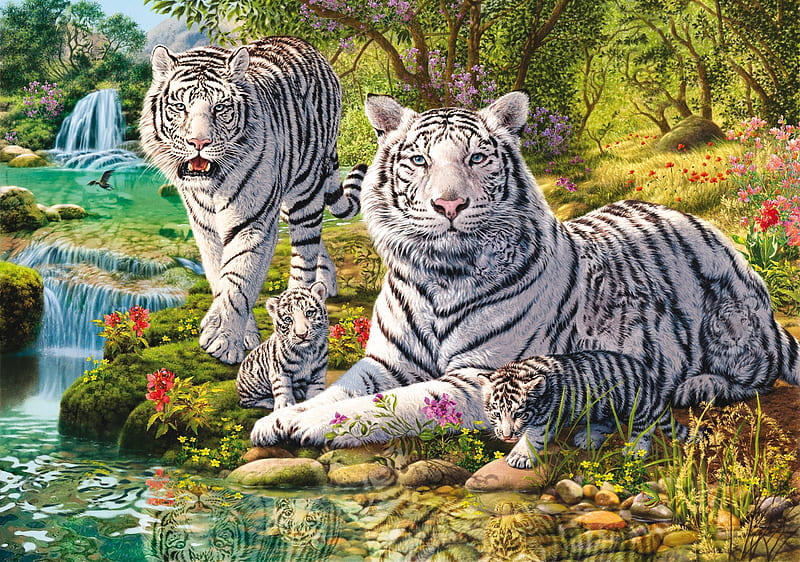 White tigers, family, art, luminos, tiger, animal, cute, fantasy, water, painting, summer, cub, white, pictura, HD wallpaper