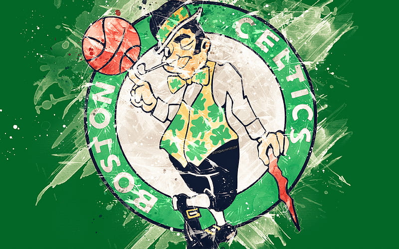 Boston Celtics grunge art, logo, american basketball club, green grunge background, paint splashes, NBA, emblem, Boston, Massachusetts, USA, basketball, Eastern Conference, National Basketball Association, HD wallpaper