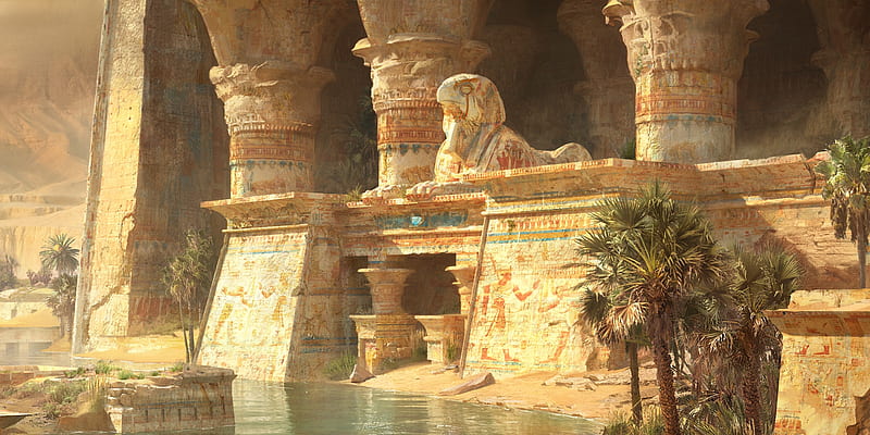 Horus, palm tree, egypt, art, frumusete, luminos, yellow, constantine marin, vara, water, fantasy, summer, HD wallpaper