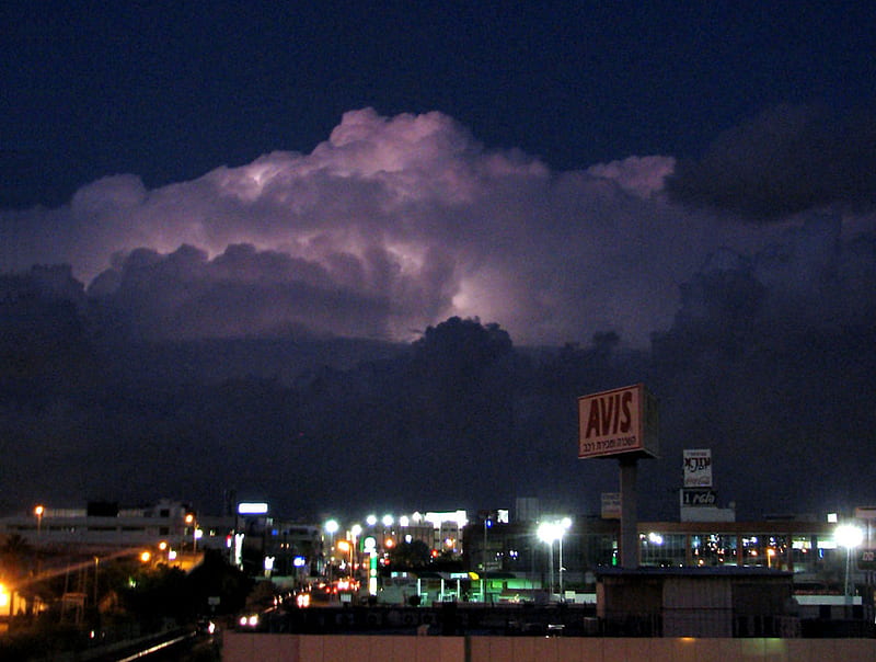 Light show over Tel Aviv, night scene, cloud, lightning, electric storm, HD wallpaper