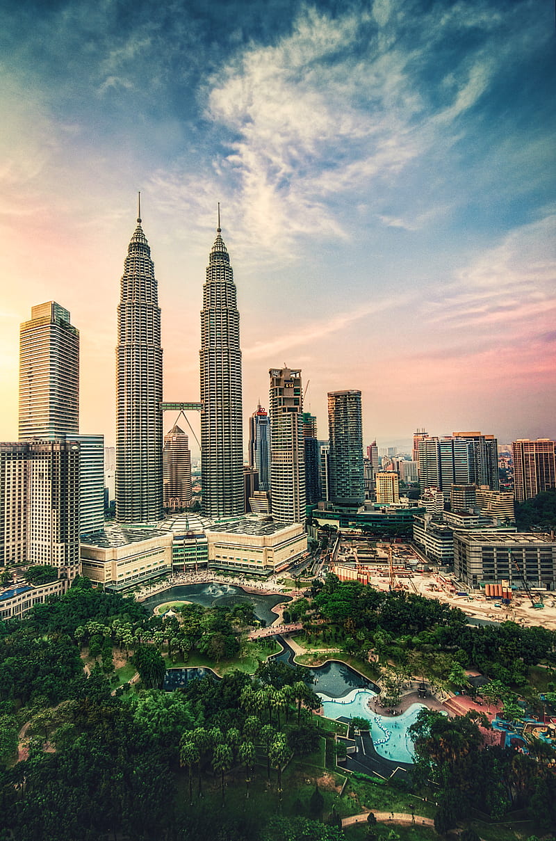 city, skyscrapers, architecture, kuala lumpur, malaysia, HD phone wallpaper