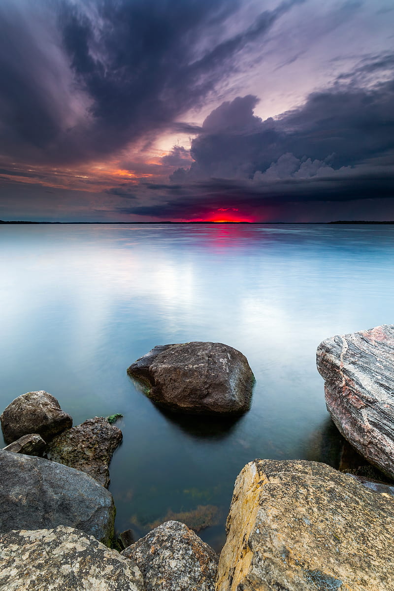 lake, sunset, landscape, water, stones, horizon, HD phone wallpaper