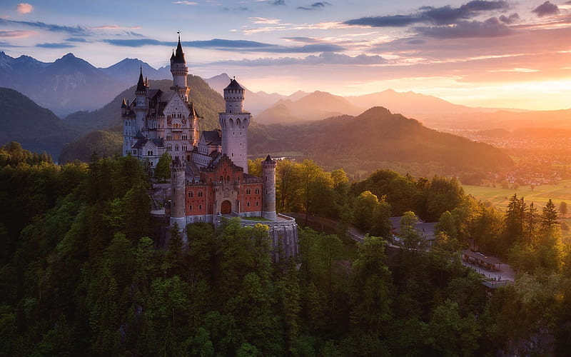Neuschwanstein Castle, forest, sunset, german landmarks, Germany, Europe, HD wallpaper