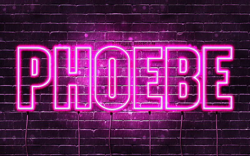 Phoebe with names, female names, Phoebe name, purple neon lights, horizontal text, with Phoebe name, HD wallpaper