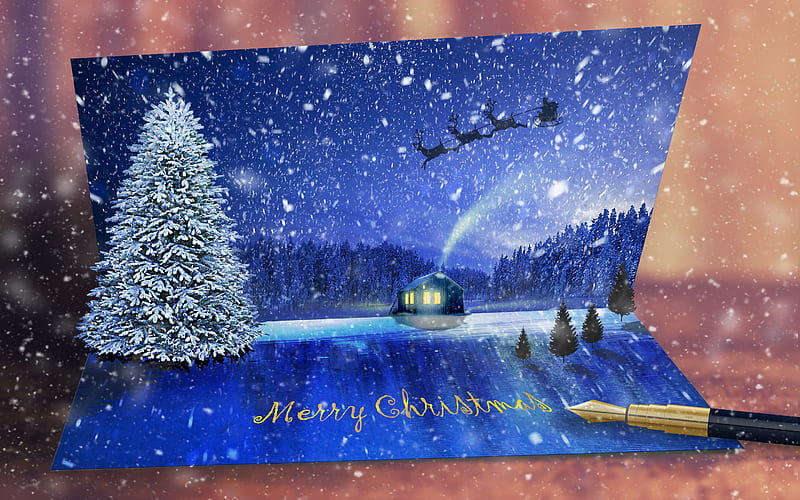 Christmas card, 3D art, Christmas tree, pen, Christmas letter, Christmas greeting, Merry Christmas, HD wallpaper