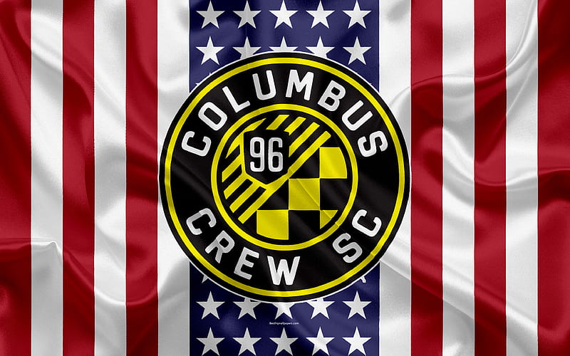Columbus Crew SC logo, silk texture, American flag, emblem, football club, MLS, Columbus, Ohio, USA, Major League Soccer, Eastern conference, HD wallpaper