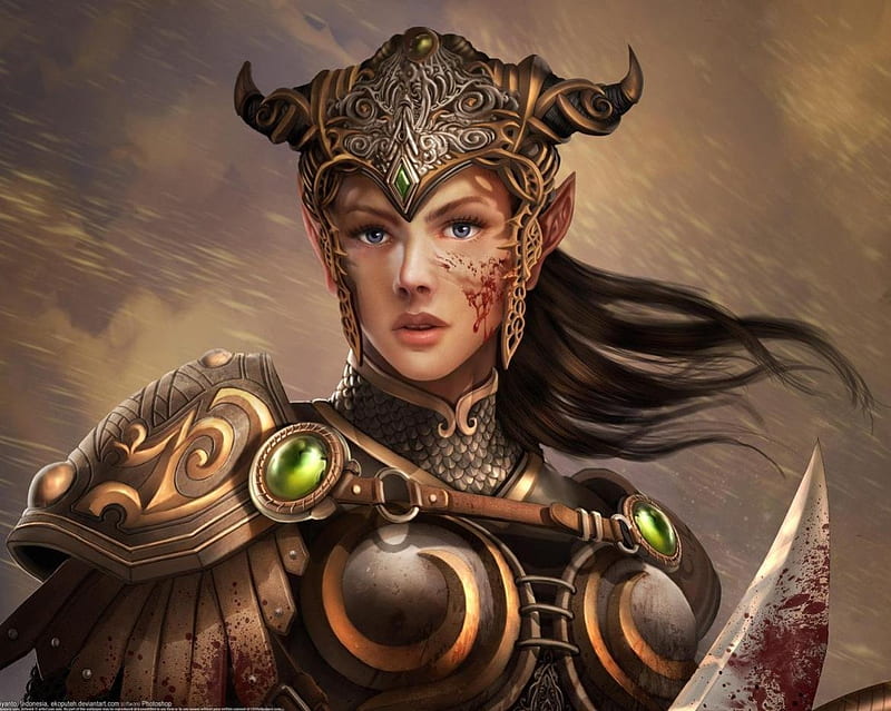 female elf warrior, brunette, helmet, sword, body armour, pouting, HD wallpaper