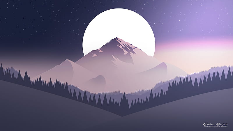 mountains, moon, forest, night, starry sky, vector, flat, HD wallpaper