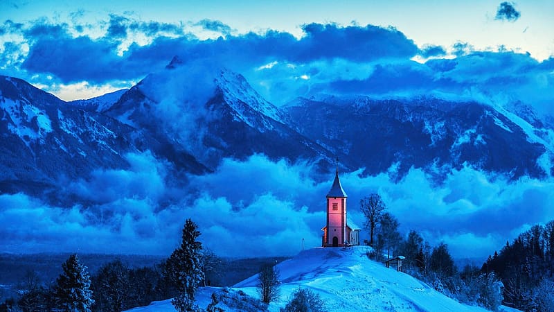 Winter in the Bavarian Alps, fog, church, rocks, snow, landscape, trees, HD wallpaper