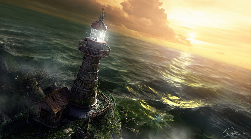 Lighthouse, fantasy, abstract, ocean, HD wallpaper