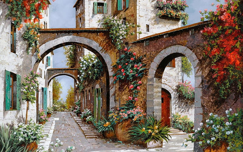 Three Arches, arches, gates, houses, flowers, street, HD wallpaper