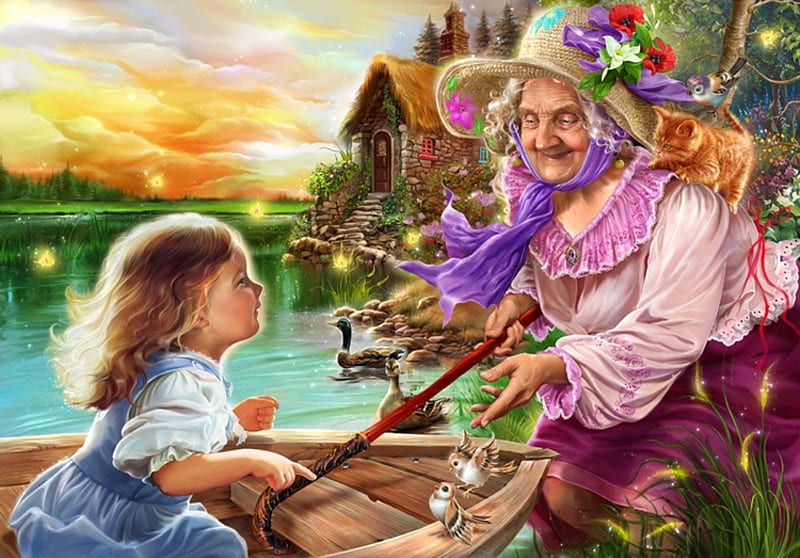 Granny Magic, house, cane, ducks, birds, wonder, lake, hat, boat, girl, child, lady, HD wallpaper