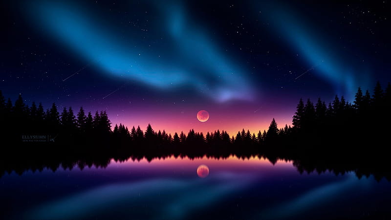 Polar Lights and Full Moon, aurora, polar lights, moon, nature, sky, reflection, night, HD wallpaper