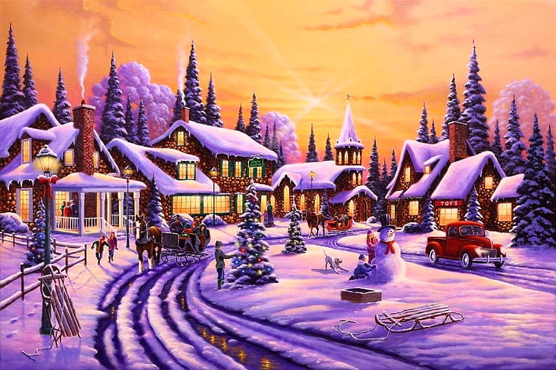 Christmas Story, villages, Christmas, holidays, children, love four seasons, snowman, stores, xmas and new year, winter, paintings, snow, churches, winter holidays, HD wallpaper