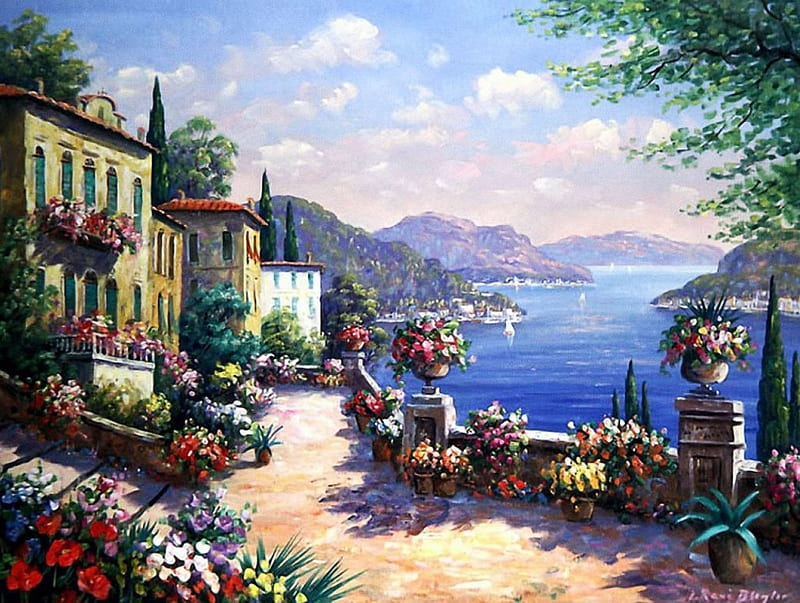 Amalfi Coast, mountains, houses, painting, flowers, path, artwork, sea ...