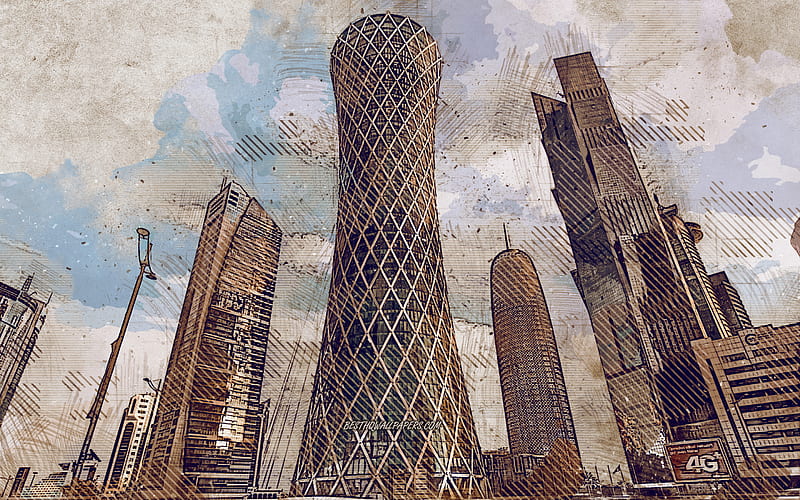 Doha, Qatar, grunge art, creative art, painted Doha, drawing, Doha abstraction, digital art, Doha skyscrapers, Doha Corniche, Aspire Tower, Al Fardan Residences, HD wallpaper