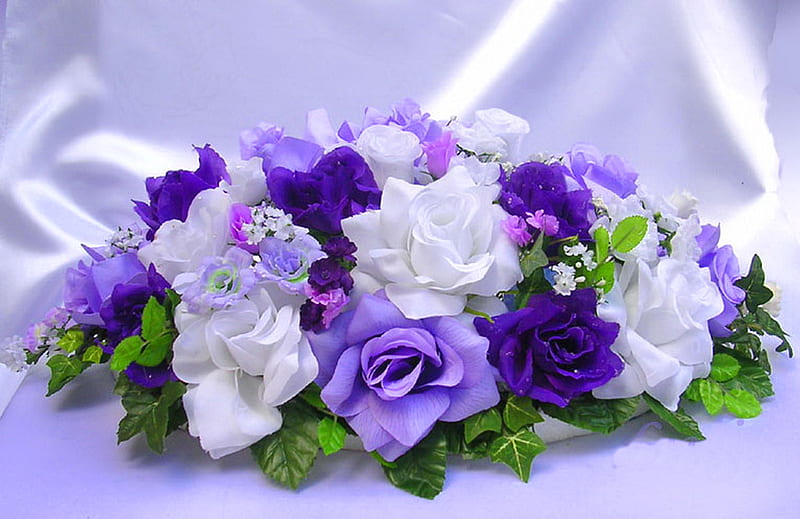 THANK YOU FRIENDS , satin, purple, green, flowers, arrangement, roses, white, HD wallpaper