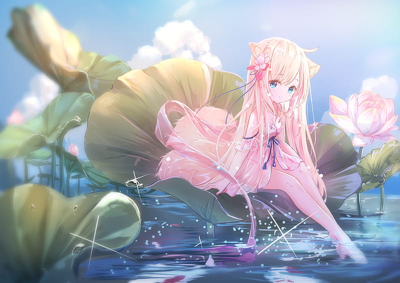 anime, mini, girl, water, manga, foxgirl, lotus, summer, pink, vara, HD ...