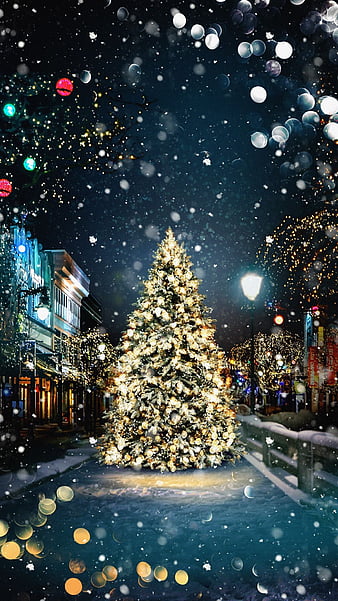 Christmas Village, christmas tree, snow, bridge, houses, painting ...