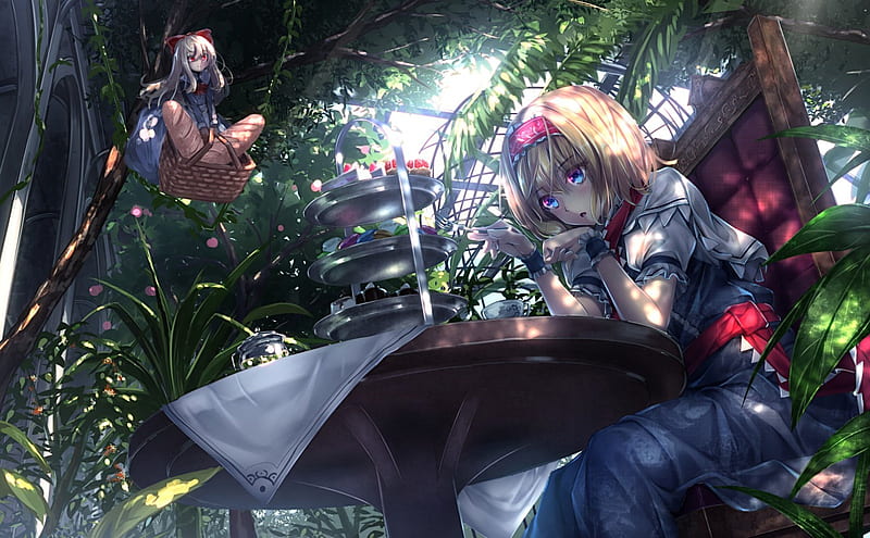 ~Tea Party In The Garden~, colorful, food, anime, plants, touhou, shanghai doll, alice margatroid, friends, HD wallpaper