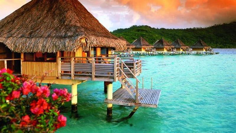 Tropical Paradise, holidays, huts, islands, ocean, bora-bora, sea, turquoise, cyan, water, resorts, beaches, beauty, micronesia, nature, tropics, HD wallpaper