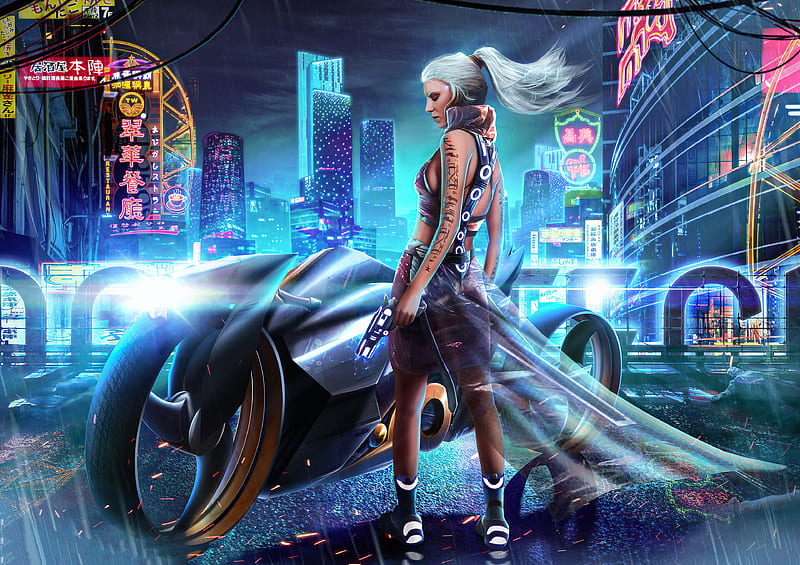 Wallpaper : ai art, cyberpunk, city, women, Biker girl 3136x1792