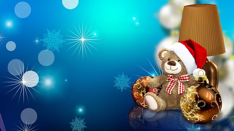 Christmas Teddy, sparkle, Christmas, decorations, shine, Santa Hat, teddy bear, Firefox Persona theme, blue, HD wallpaper
