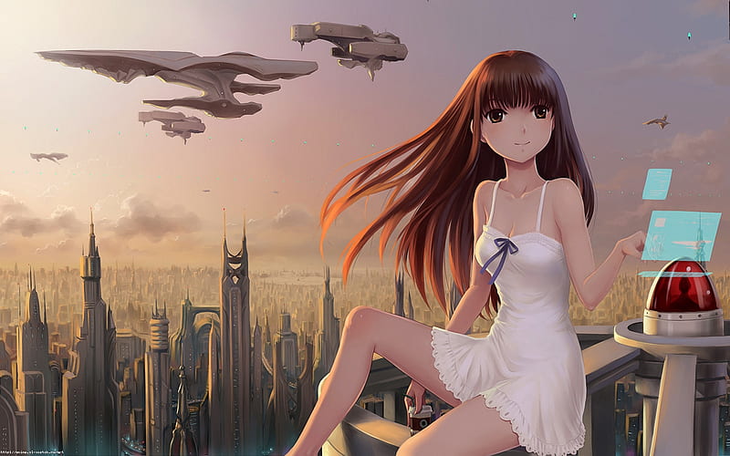 Future City, female, roof, buildings, sky, brown eyes, brown hair, city, future, anime, spacecraft, white dress, HD wallpaper