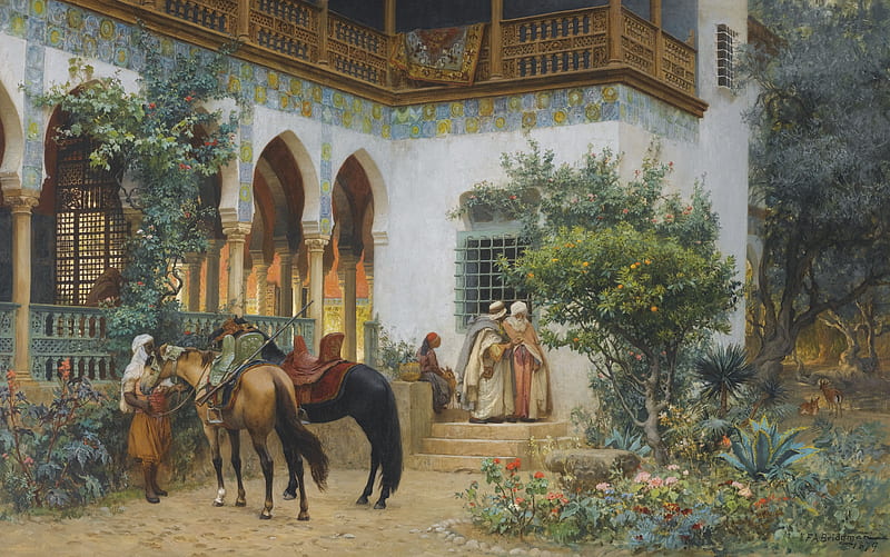 A North African Courtyard, art, courtyard, north african, frederick arthur bridgman, painting, man, horse, pictura, HD wallpaper