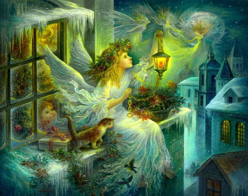 Christmas Angel, lamp, window, christmas, angel, spirits, HD wallpaper