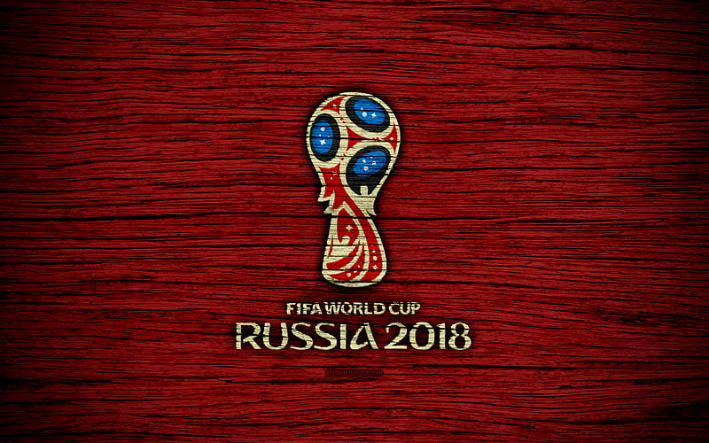 FIFA World Cup 2018, wooden texture, Russia 2018 logo, soccer, FIFA, football, logo, Soccer World Cup, red background, Russia 2018, HD wallpaper