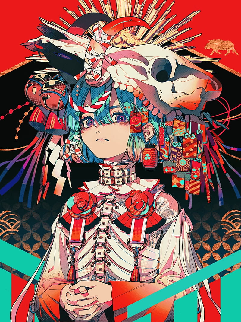 Skull Head, akiakane, anime, colorful, red, HD phone wallpaper