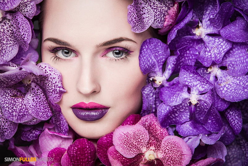 Beauty Orchid, mystery, sensual, lips, gorgeous face, purple, orchid, flowers, beauty, face, HD wallpaper