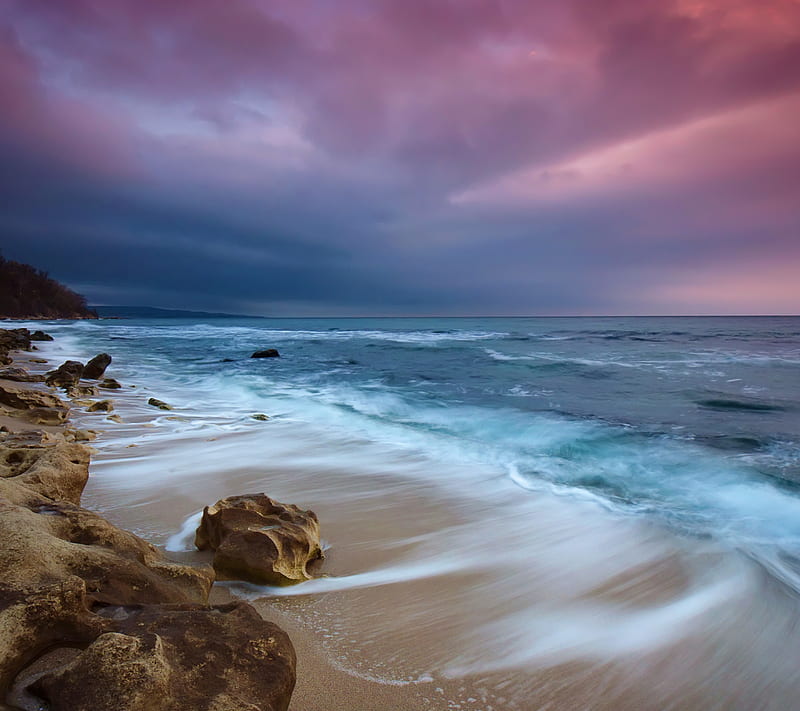 beach, evening, nature, rocks, sea, sunset, water, HD wallpaper