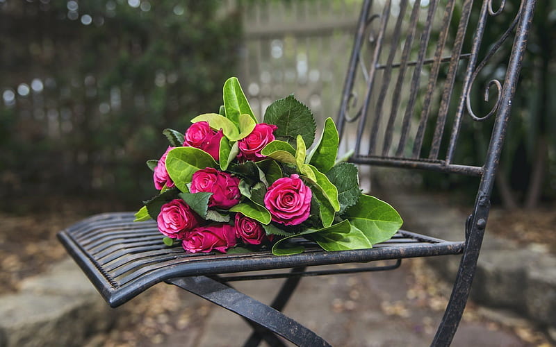 beautiful flowers, wrought iron bench, roses, pink roses, cowan shop, bouquet , a bouquet of roses, rose, HD wallpaper