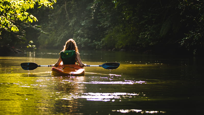 woman on kayak on body of water holding paddle, HD wallpaper
