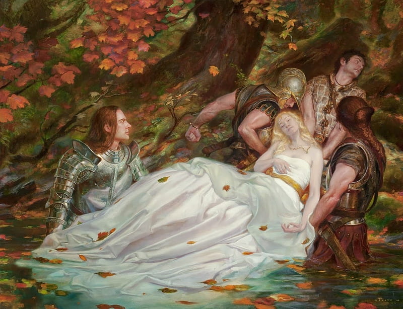 The Lady of Shalott, art, luminos, woman, lancelot, donato giancola, armor, water, girl, people, painting, summer, lady of shalott, white, pictura, pink, HD wallpaper