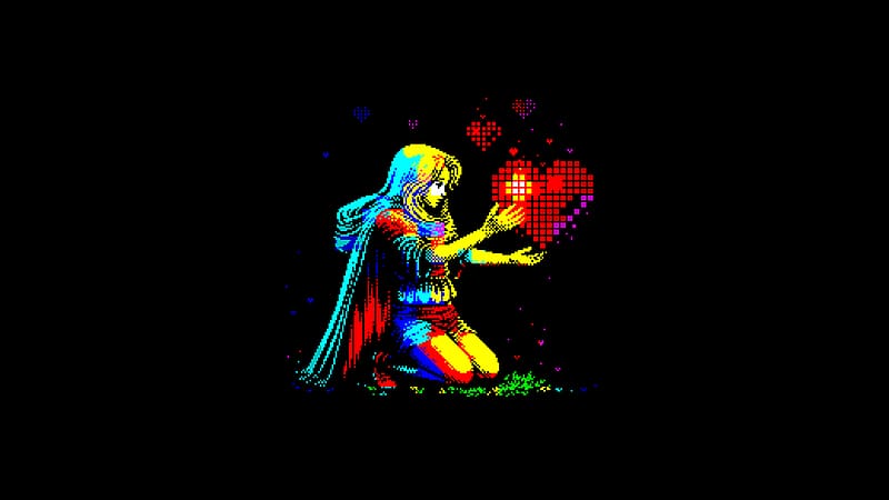 Girl With Big Heart Pixel Art , pixel, heart, oled, artist, artwork, digital-art, dark, black, deviantart, HD wallpaper