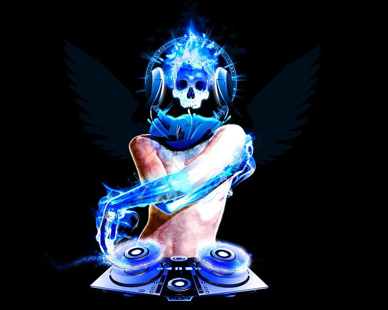 DJ skull, fantasy, music, black, skull, dj, HD wallpaper