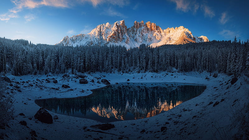 Forest Lake Mountains Snow, forest, lake, mountains, nature, snow, HD wallpaper