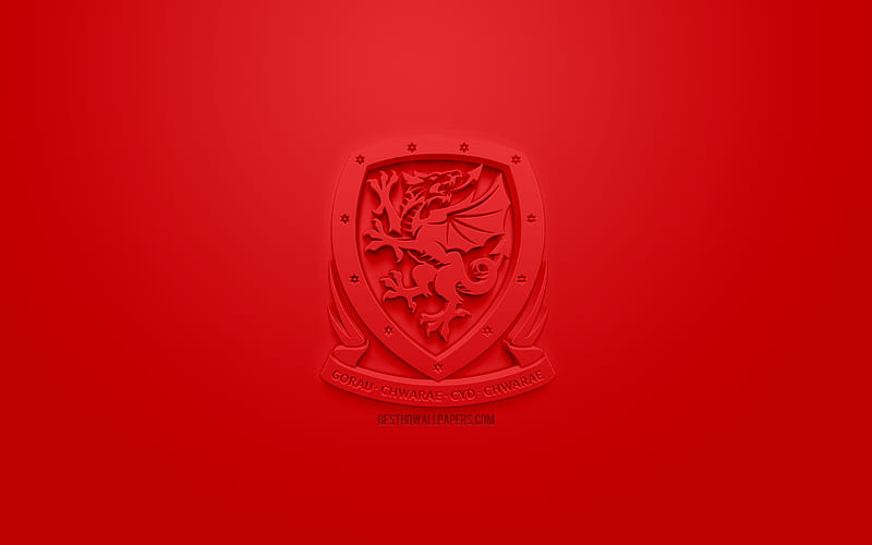 Wales national football team, creative 3D logo, red background, 3d emblem, Wales, Europe, UEFA, 3d art, football, stylish 3d logo, HD wallpaper
