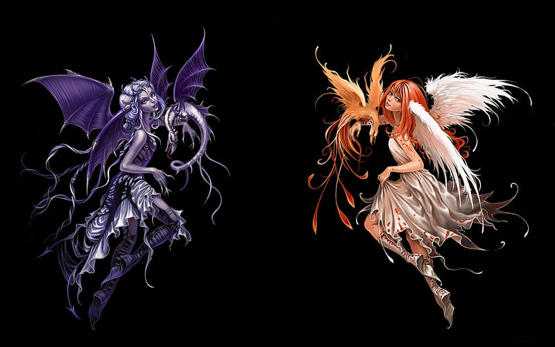 Demon and Angel, bat wings, dress, phoenix, angel, abstract, demon wings, dragon, feather wings, demon, fantasy, two female, HD wallpaper