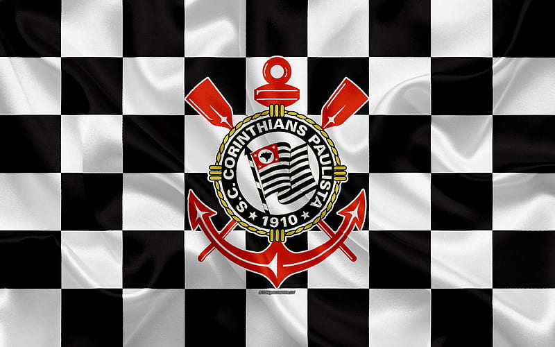 Corinthian FC logo, creative art, white black checkered flag, Brazilian football club, Serie A, emblem, silk texture, Sao Paulo, Brazil, Sport Club Corinthians Paulista, HD wallpaper